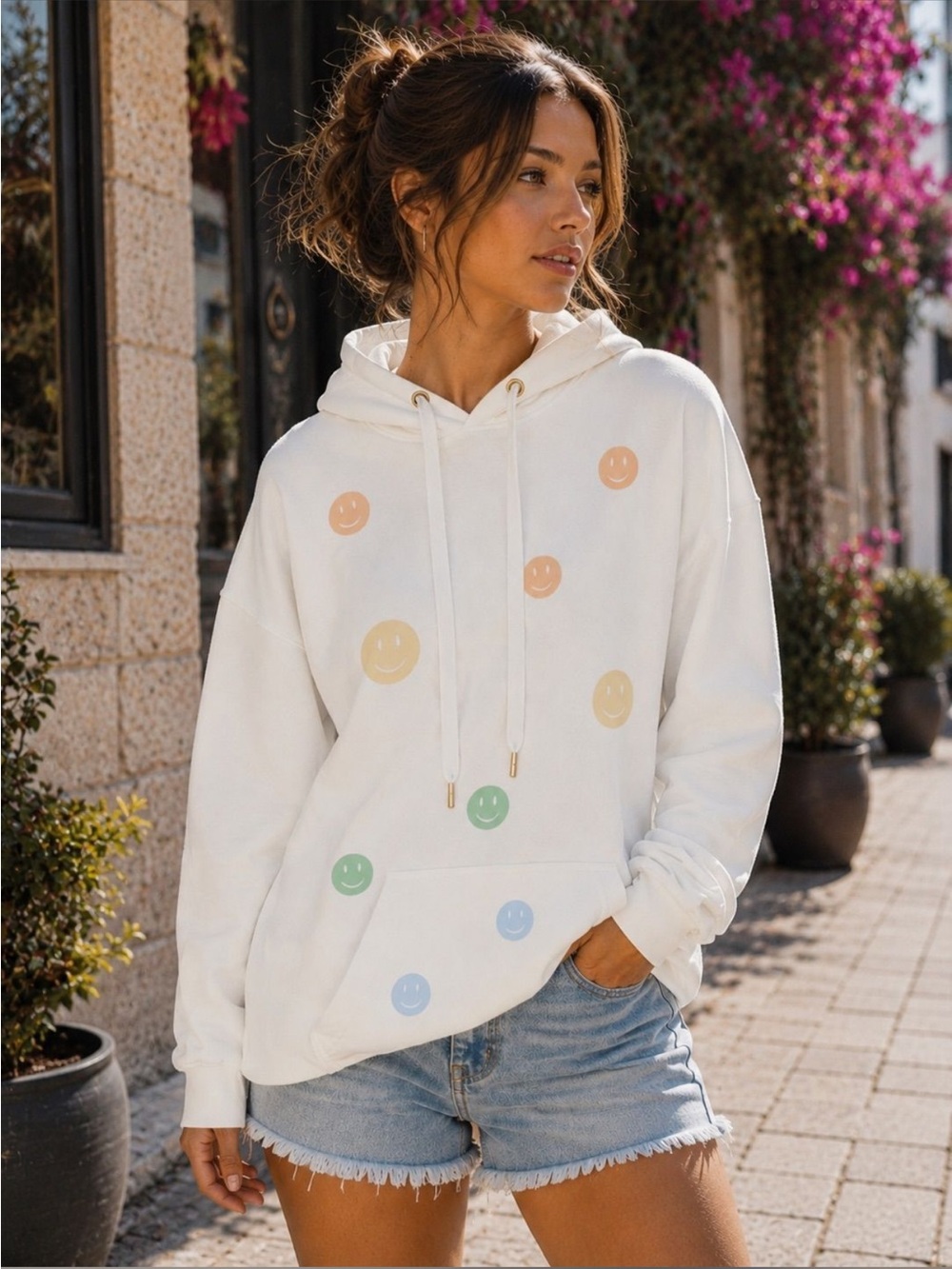 Style Reform Dean Smiley Face Hoodie Ivory Pastel Multicolor